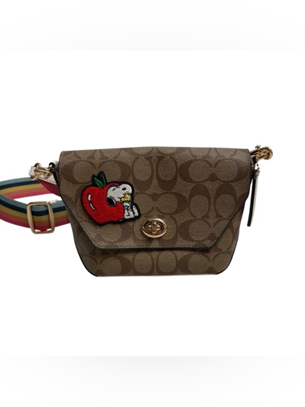 COACH x PEANUTS Snoopy Apple Signature Canvas Turn Lock Crossbody Bag Brown NWOT